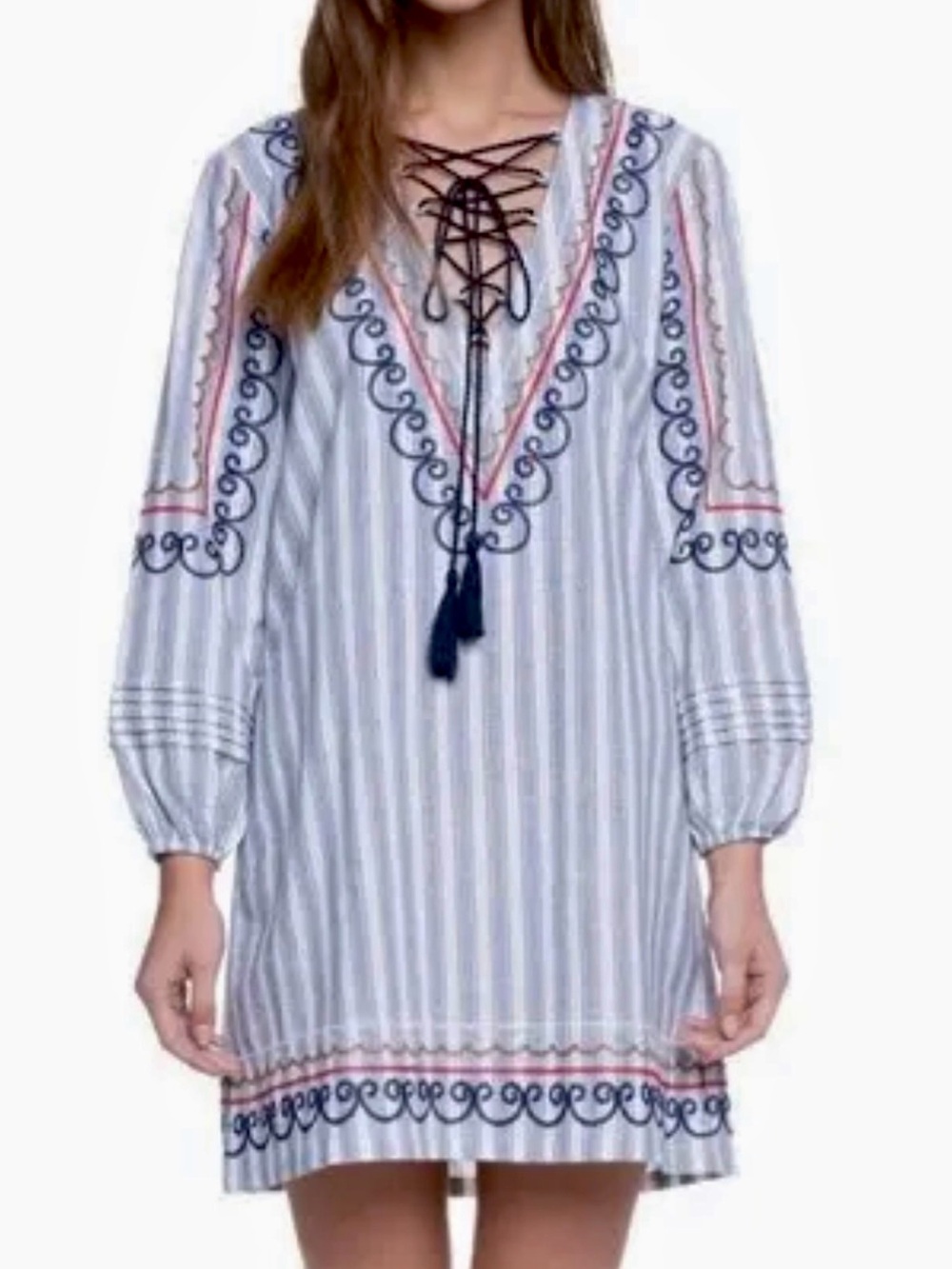 English Factory Embroidered Cotton Shift Dress Small
Lace up Neck Boho Chic